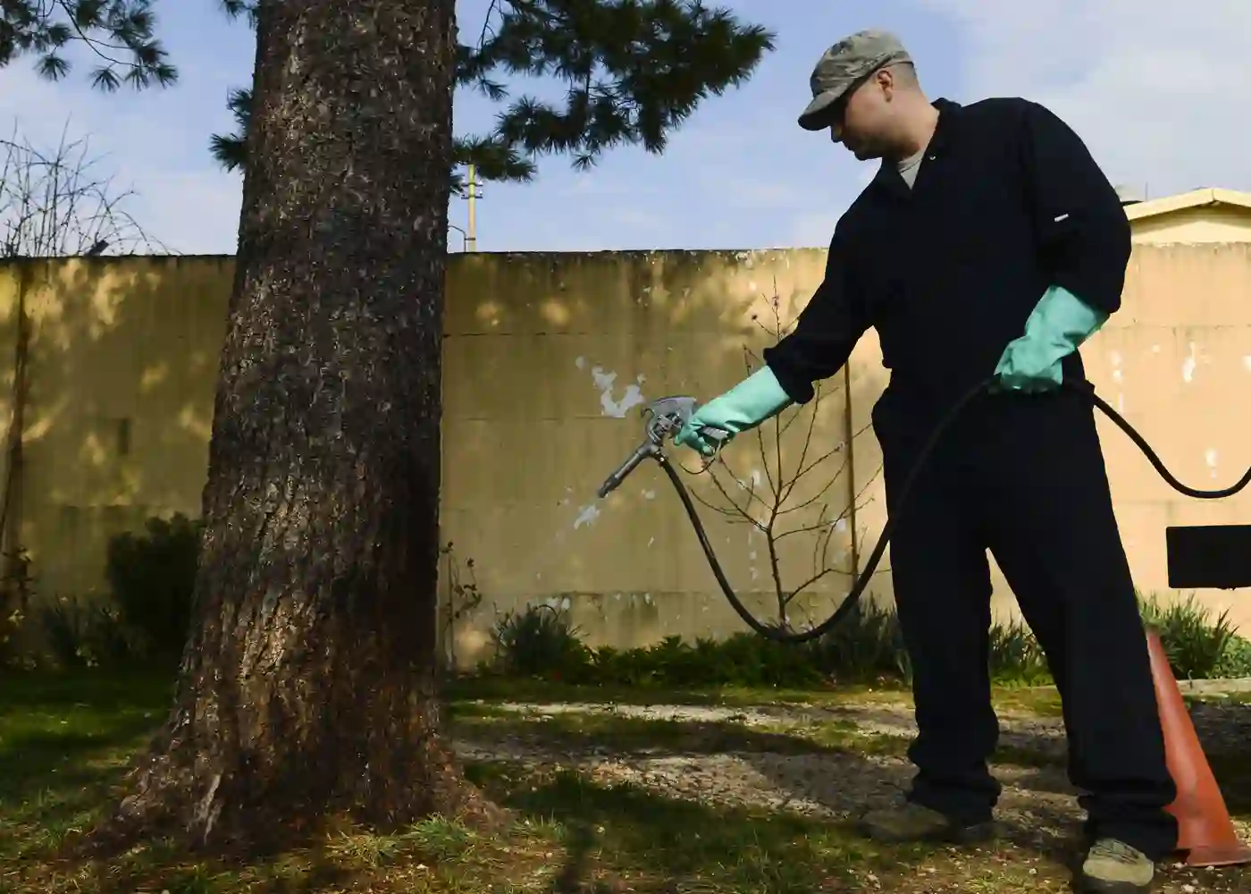 Pest control technician treating outdoor vegetation